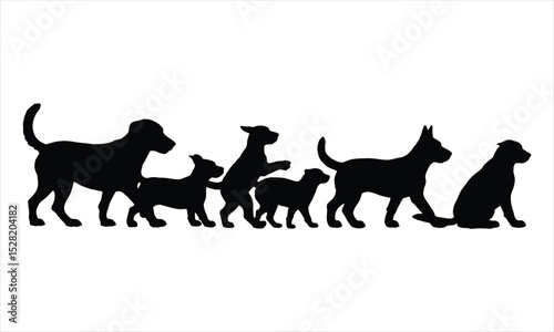 Silhouette of a dog family group with puppies
