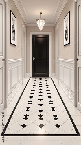 Elegant hallway interior with patterned tile floor, white paneling, neutral wall tones, and framed artwork, enhancing home design.