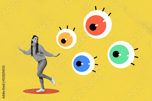 Template poster trend artwork 3D photo collage of young lady happy smile run way left watch see focus security spy search surveillance