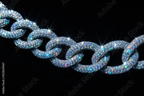 Close up of a sparkling zircon embellished chain glittering on a black background, showcasing luxury and elegance
