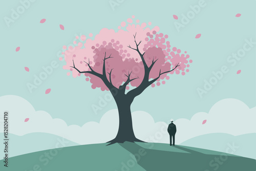 Tree of love, a winter park silhouette illustration of a couple with blossom in a spring landscape