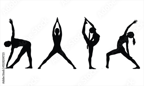 Four silhouettes of women performing yoga poses