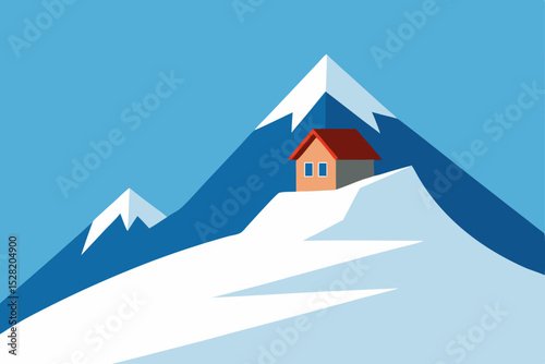 Winter ski resort landscape with snowy mountains and cozy village cottages under a starry night sky