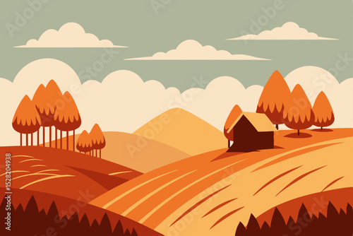 Desert mountain landscape vector illustration with summer sunset sky and orange sun