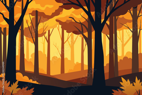 Autumn nature illustration: trees in a park with orange and yellow leaves, a fall landscape at sunset