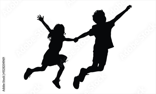 Silhouette of two children joyfully jumping and holding hands