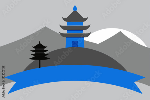 Ancient Asian temple pagoda in a winter mountain landscape with a snow-covered Christmas tree against a heavenly sky