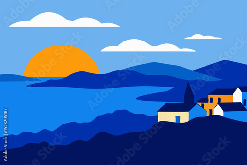 Winter nature illustration of a house on a snow-covered mountain with a blue sky and distant ocean waves