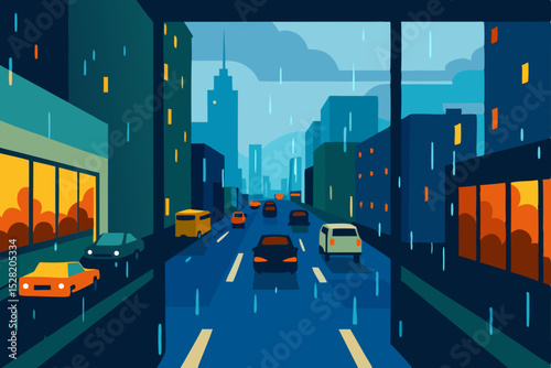 Time-lapse of urban night traffic on a downtown highway with car lights blurring past buildings