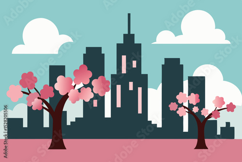 Urban vector illustration of a girl's silhouette against a city skyline with industrial buildings and trees