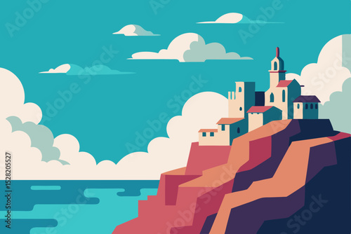 Urban landscape vector illustration featuring a city skyline, diverse buildings, and a majestic castle silhouette under a cloudy sky
