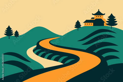 Vector illustration of a summer landscape with a castle, green fields, and distant mountains under a cloudy sky