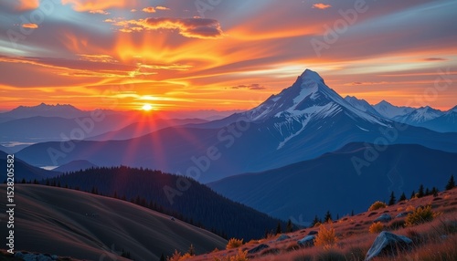 Wide-Angle Nature Photography of Breathtaking Sunset Over Scenic Northwest Mountain Landscape
