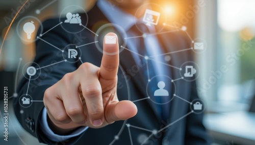 Businessman Engaging with Social Media Network Office Setting Digital Interaction Professional View