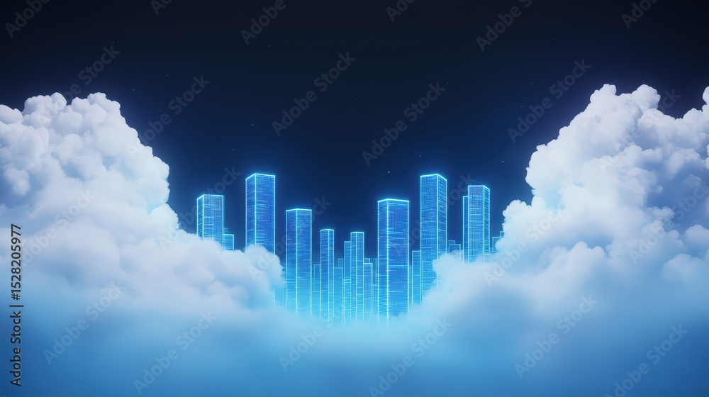 Fototapeta premium Futuristic Cityscape Emerging from Clouds with Neon Lights and Digital Aesthetic in a Dramatic Sky Background