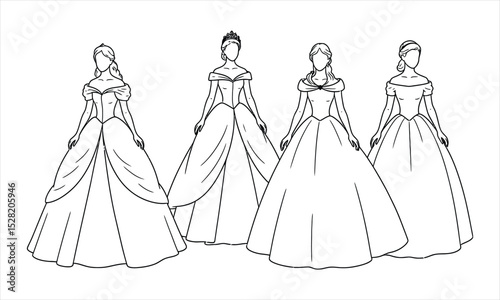 Four princess ball gown dress designs line art