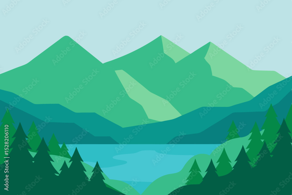 Fototapeta premium Mountain landscape vector illustration with misty forest and snow-capped peaks
