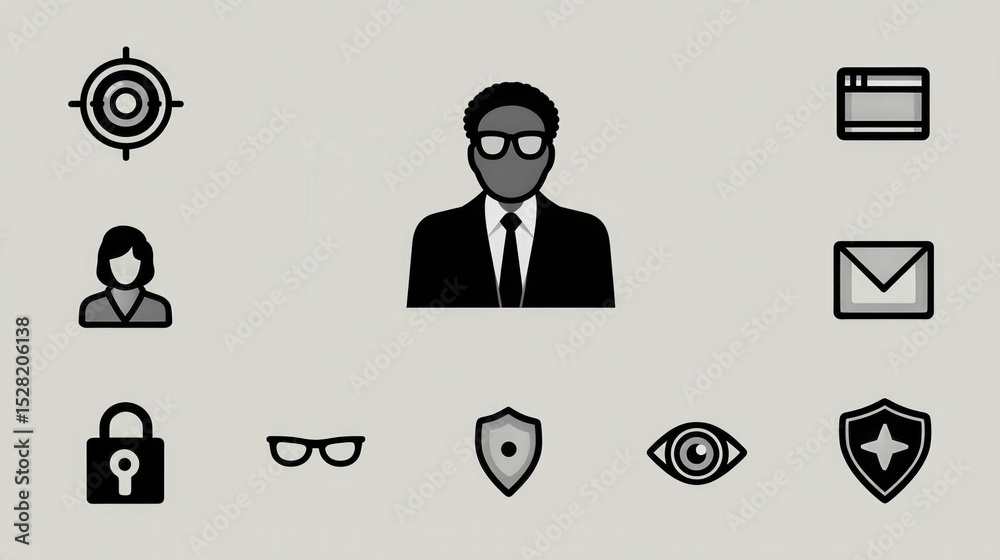 Diverse digital security concepts featuring an individual wearing glasses representing professional identity with symbols of protection emphasizing contemporary business practices and Diverse digital security concepts featuring an individual wearing glasses representing professional identity with symbols of protection emphasizing contemporary business practices and