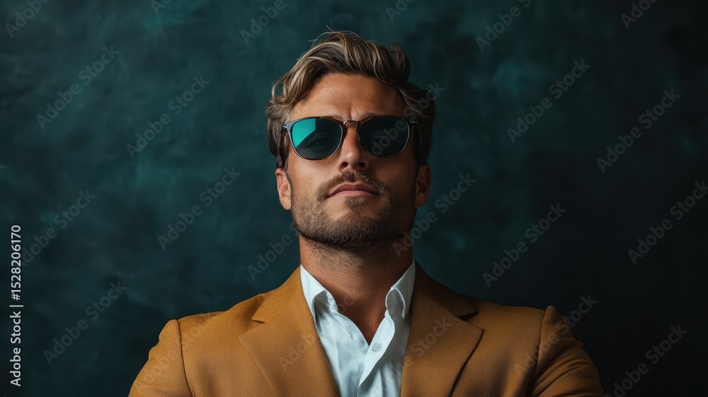 Fototapeta premium A fashionable man wearing sunglasses strikes a confident pose, showcasing a blend of style and charisma against a textured dark background, embodying modern sophistication.