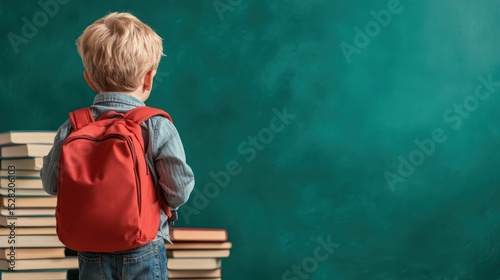 A young child stands before a pile of books, symbolizing the journey of education and the eagerness to learn as they prepare for their school adventure.