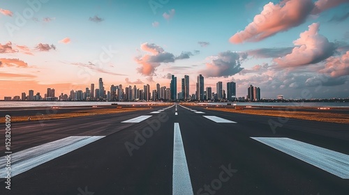 Runway leading to a city skyline at sunset.
