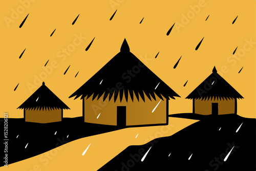 A vector illustration of a city and castle at night, featuring houses under a moonlit sky