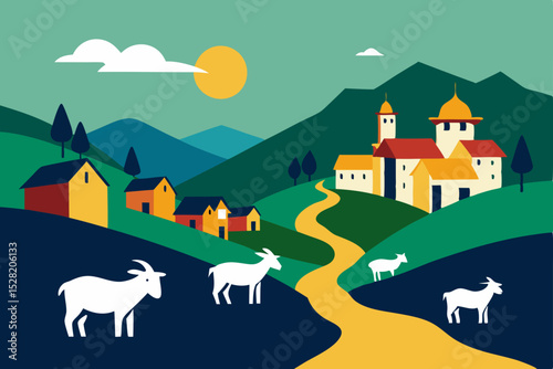 Cartoon vector illustration of a charming farm village in the mountains with houses, barns, animals, trees, and green fields under a summer sky photo
