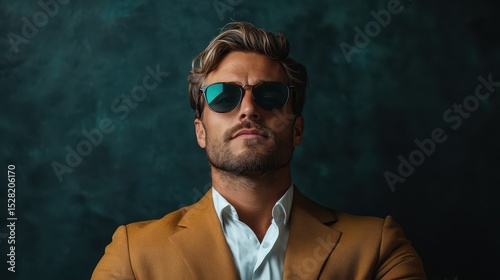 A fashionable man wearing sunglasses strikes a confident pose, showcasing a blend of style and charisma against a textured dark background, embodying modern sophistication.
