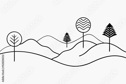 Vector illustration of a beautiful mountain nature landscape with trees and a flying bird silhouette design