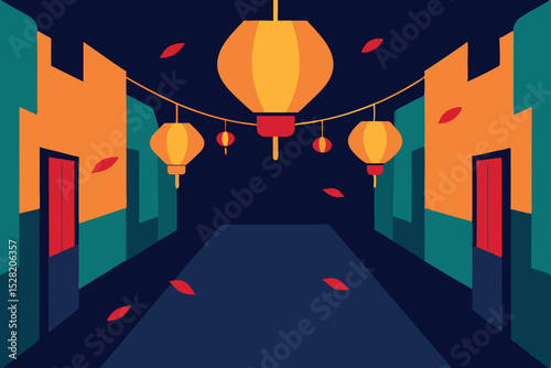 Red robot illustration walking through the dark urban city at night with building silhouettes and a moonlit sky