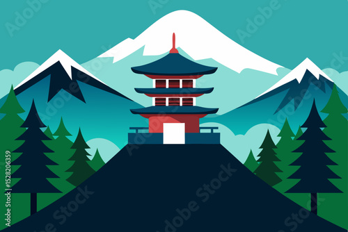 vector illustration of a pagoda in mountains