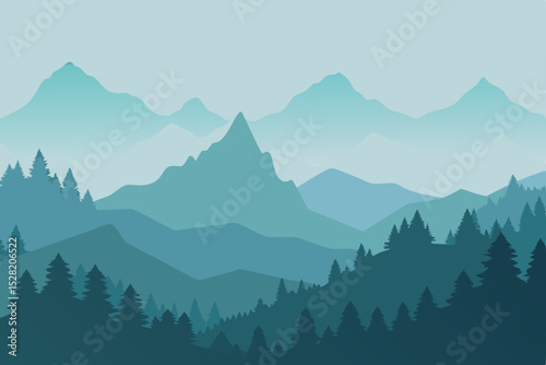 Misty mountain landscape with a serene view of hills, forests, and cloudy peaks at sunrise