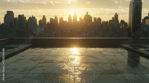 Empty rooftop patio at sunset overlooking a ruined city.