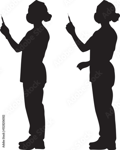 Two Nurse Silhouettes Holding Syringes Representing Healthcare Vaccination Medical Professionals