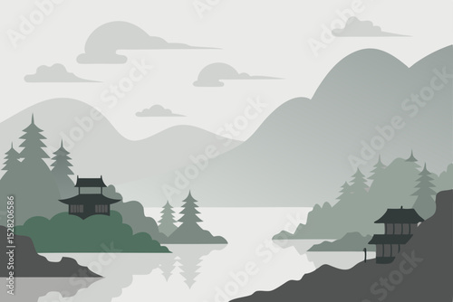 Mountain landscape vector illustration: serene lake, misty peaks, and a vibrant sky at sunrise