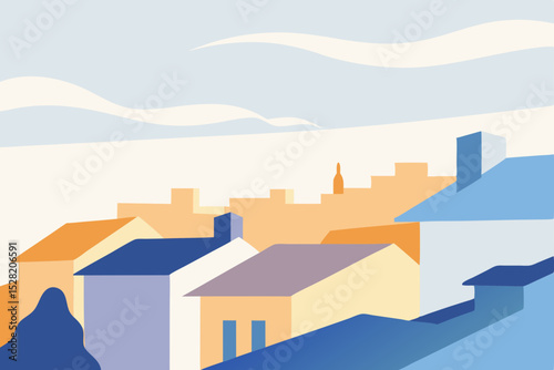Cartoon vector illustration of urban city street with houses and buildings