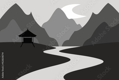 Mountain road winding through a cloudy sunset landscape with misty peaks and a clear blue horizon