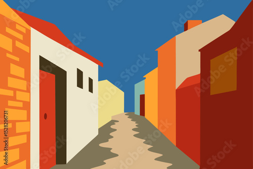 White buildings and narrow streets of an old town in Greece, Europe, with blue sky