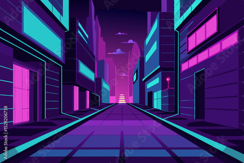 City street at night with urban architecture, bright lights, and a busy road
