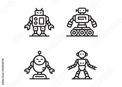 Four different robot designs in a simple line art style.