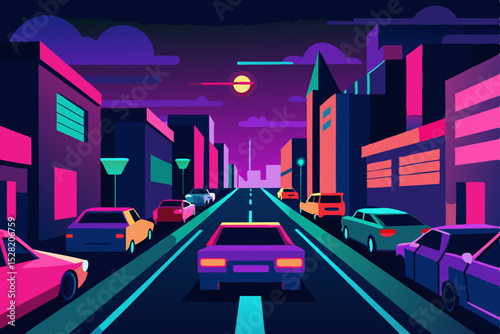 Night city street with urban traffic motion and blur of car lights on a dark evening highway