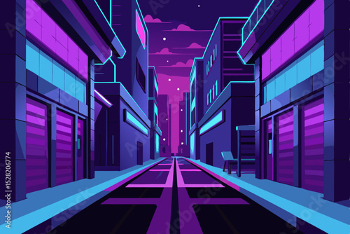 Empty urban night street with perspective on a lit steel and glass city building