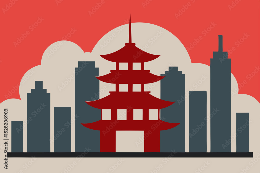 Fototapeta premium Urban city skyline vector silhouette illustration with towering buildings and modern architecture