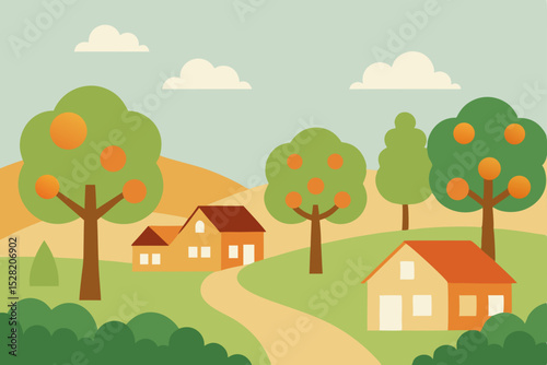 Vector illustration of a village landscape with houses, trees, and sky