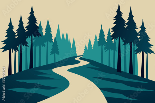 Winding road through a snow-covered winter forest landscape with frosty trees and a cold, blue sky