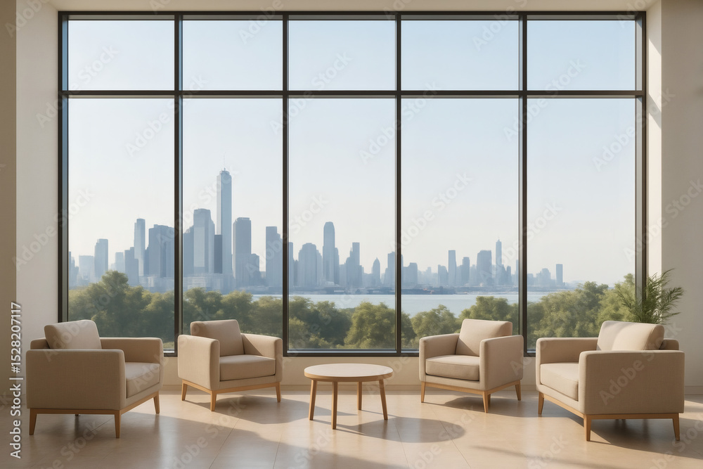 Fototapeta premium Modern Lobby Interior with Panoramic City View and Lounge Chairs