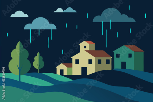 Winter village homes nestled under a night sky landscape
