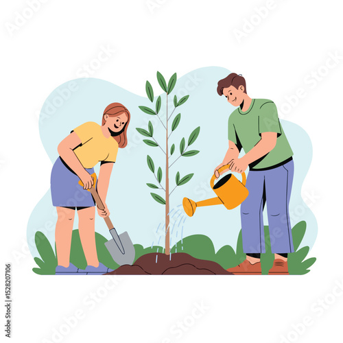 Cartoon vector illustration of a family, a man and a woman with their child and a dog, having fun planting flowers in a summer garden park under the sky