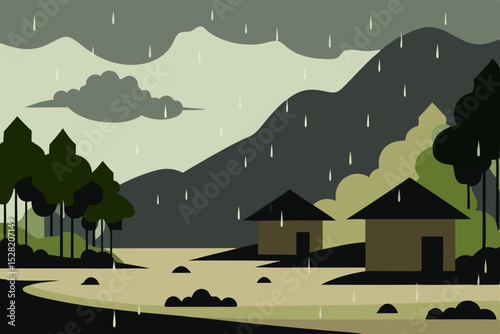 Country rural landscape with cartoon home illustration and village trees, sky, grass, and mountain design