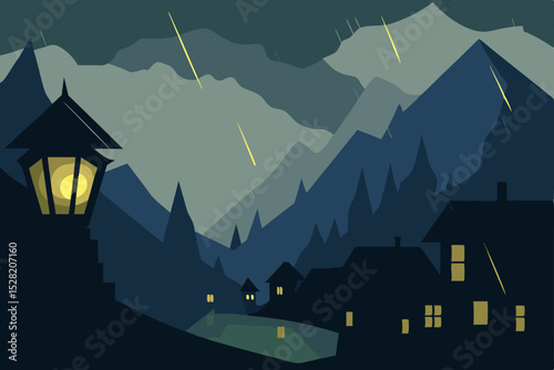A dark, haunted house illustration on a hill silhouette against the night sky with moon and stars